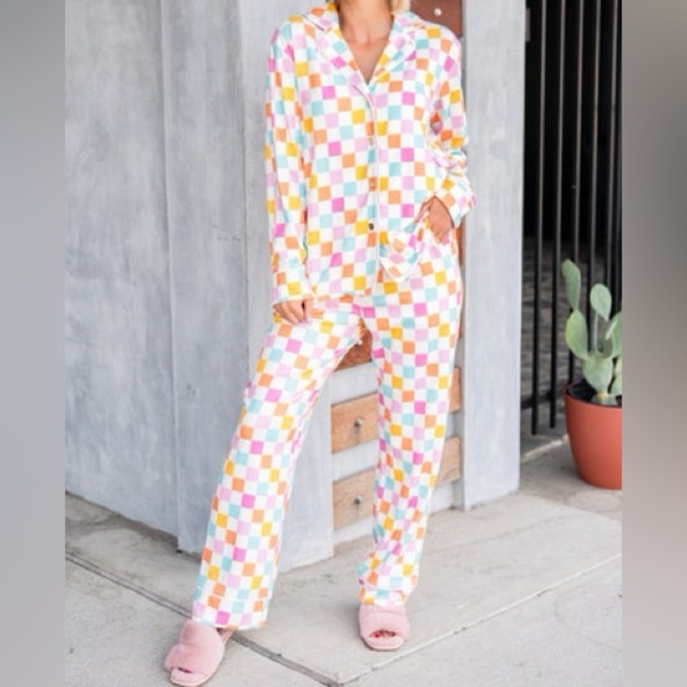 THE POLKA DOT ALLEY CHECKERED PAJAMA SET / SIZE LARGE / "CANDYLAND"